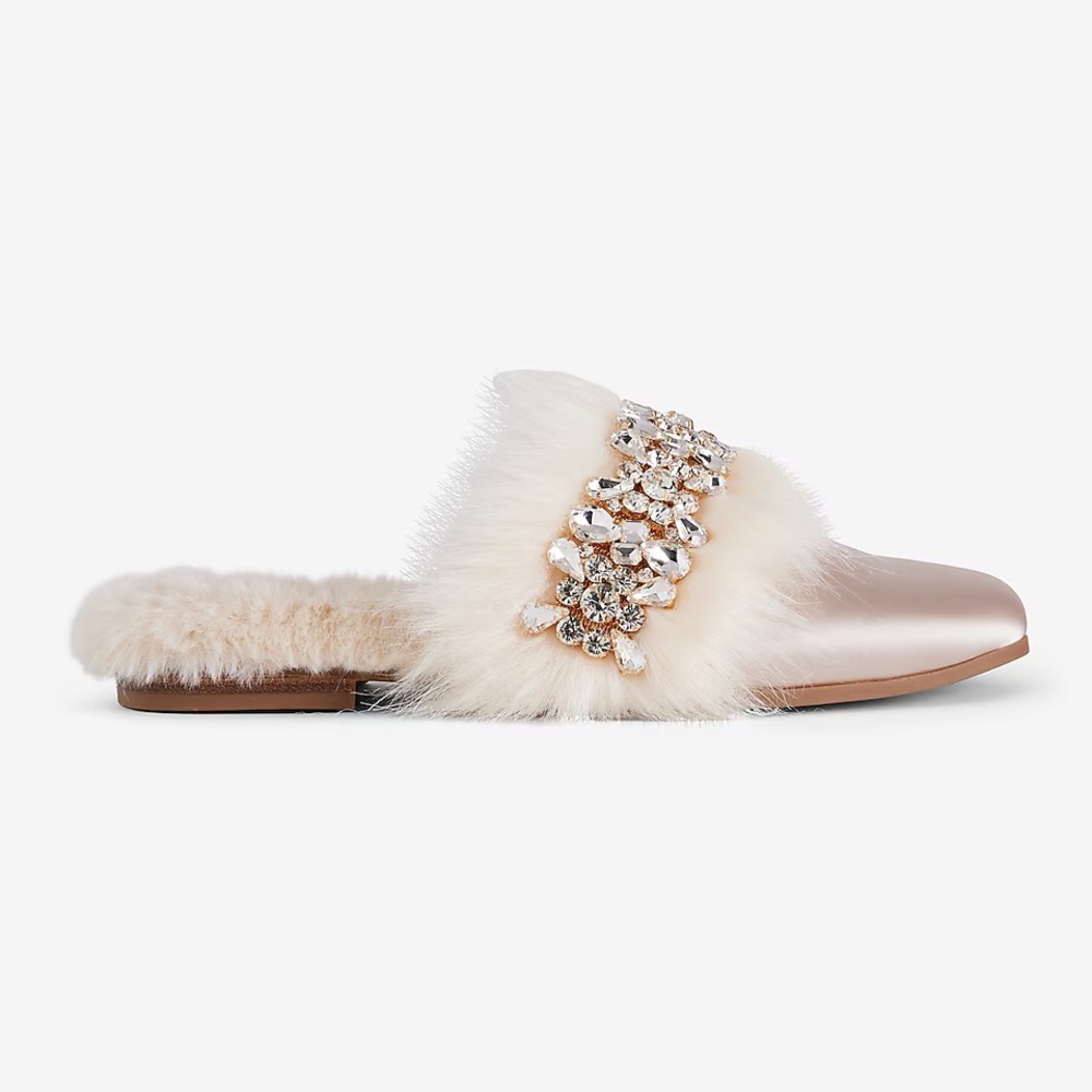 EXPRESS SATIN EMBELLISHED FAUX FUR SLIPPERS CHAMPAGNE SZ LG 9/10 NWT - Picture 2 of 4
